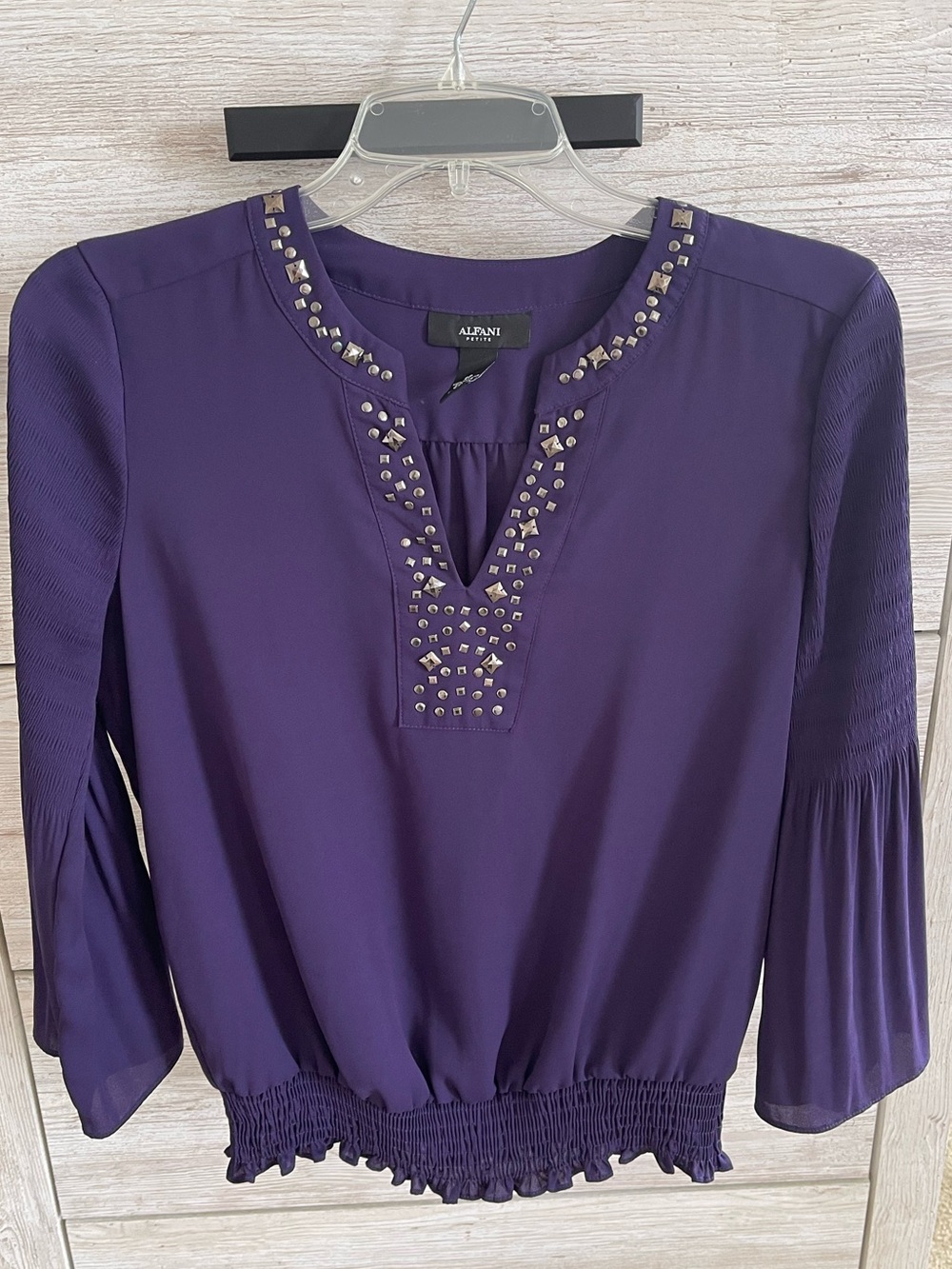 Alfani Deep Purple Studded V-Neck Smocked Blouse size 8 petite